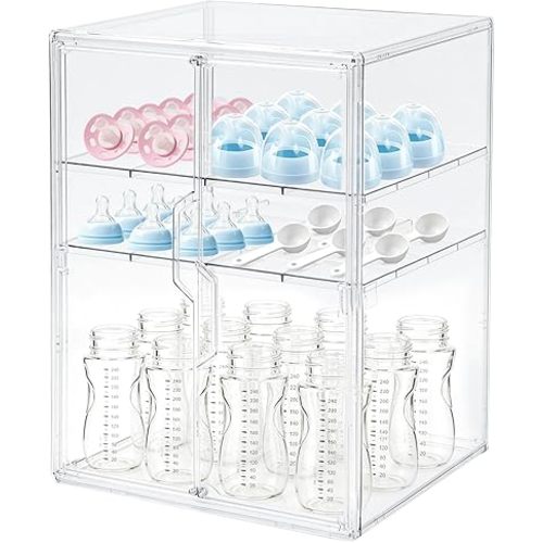 X-LARGE Baby Bottle Organizer, Upgraded Bottle Storage Organizer Baby for Countertop Cabinet, Removable Baby Organizer with Magnetic Door, Bottle Station Organizer for Nipples, Pump Parts, 2 Doors
