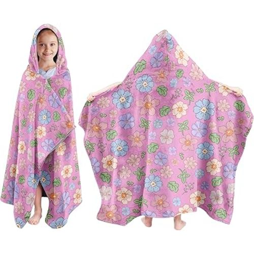 Girls Hooded Bath Towel, Toddler Bath Towel 30"X50", Cute Flower Poncho Towels for Girls Boys, Absorbent Bath Towels Perfect for Kids Pool Bath Beach Swim