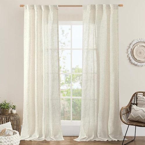 LAMIT Natural Linen Boho Curtains 84 inch Length 2 Panels, Cream Ivory Light Filtering Semi Sheer Panels Back Tab and Rod Pocket Neutral Drapes for Bedroom/Living Room, 34 x 84 Inch