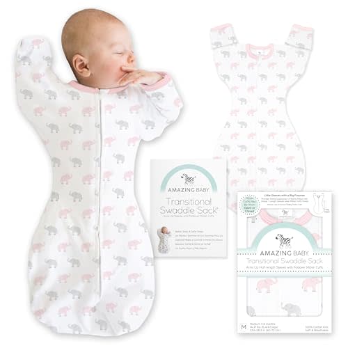 Amazing Baby Transitional Swaddle Sack with Arms Up Half-Length Sleeves and Mitten Cuffs, Medium, 3–6 months, 14-21 lbs, Tiny Elephants, Pink (Arms Up Swaddle, Transition Swaddle Sleep Sack)