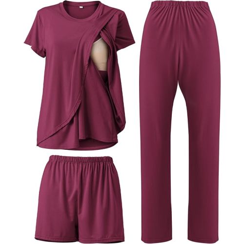 Rnxrbb 3 Piece Postpartum Nursing Pajamas Set Maternity Breastfeeding Pjs