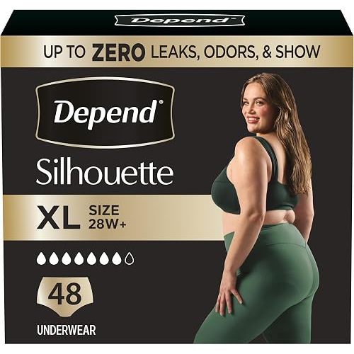 Depend Silhouette Adult Diapers, Incontinence & Postpartum Bladder Leak Underwear for Women, Maximum Absorbency, Extra Large, Black, 48 Count (2 Packs of 24), Packaging May Vary
