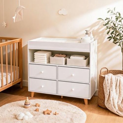 Nursery Changing Station Dresser Four Fabric Storage Drawers Open Display Shelf Wide Guardrail Equipped Changing Top Anti Tip Fitting Wooden Support