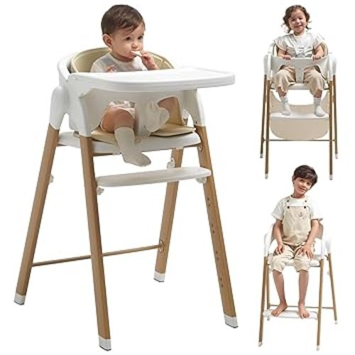 KUB High Chair for Babies and Toddlers Adjustable Foldable Convertible 5 Point Harness Easy Clean Wood-Printed Metal with Removable Tray Baby Highchair for Family (White&Natural Wood-Printed Metal)