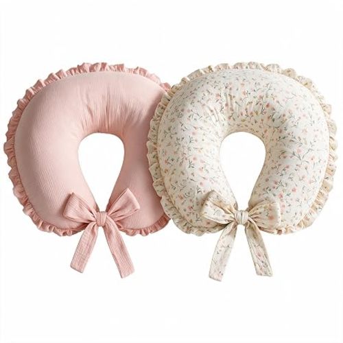 Hooyax Muslin Nursing Pillow Covers 2 Pack, Ruffle Breastfeeding Pillow Slipcovers with Extended Adjustable Strap, Soft Breathable Pillow Cover for Baby Boys Girls, Blush Pink Floral