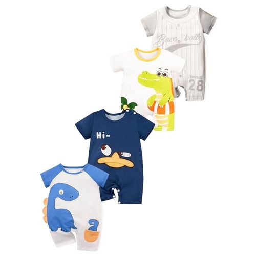 MOSSRIVER Baby Girl Outfits 4 Pack Short Sleeve Footless Romper Snap Crotch Closure Graphic Bodysuit Toddler Boys Clothes
