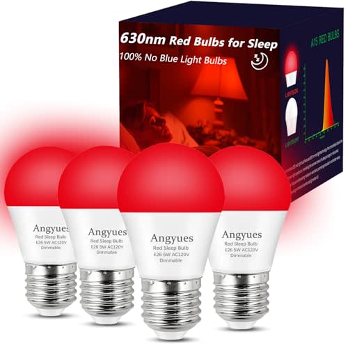 Angyues 630nm Red Sleep Bulb Dimmable, 100% Blue Light Blocking, Promotes Melatonin Production, E26 A15 LED 5W Red Dim Night Light for Baby's Bedroom, Sleeping, 4Pack