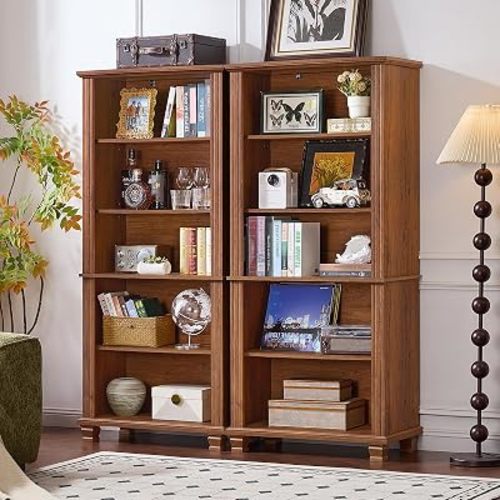 70" Tall Brown Bookshelf,5 Tier Wooden Book Shelf with Adjustable Shelves & Wood Legs,Free Standing Farmhouse Bookcase with Open Display Storage,Vintage Bookshelves for Classroom, 2PCS