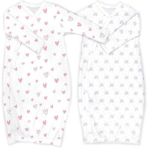 Cambria Baby 100% Organic Kimono Gowns. Side Snaps with Built in Mitts. (Hearts and Rainbows, 0-6 Months)