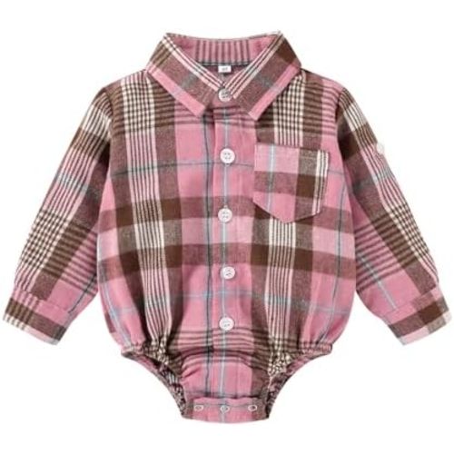 HAPPYMA Newborn Baby Boy Girls Plaid Outfit Flannel Romper Tops Infant Long Sleeve Button Down Plaid Casual Bodysuit Clothes