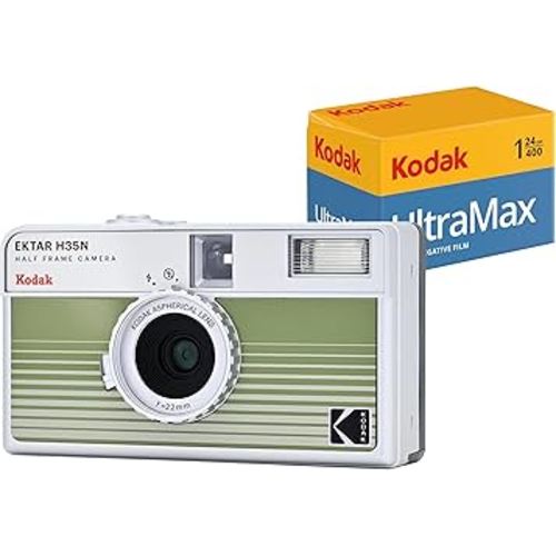 Kodak EKTAR H35N Half Frame Film Camera Bundle with Kodak Ultramax 400/24EXP 35mm Roll Film (Striped Green, Bundle)