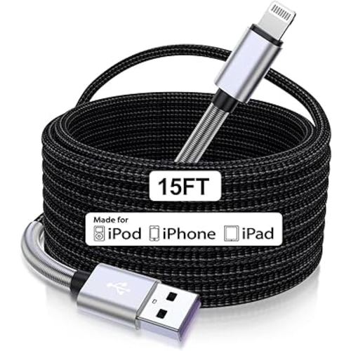Cabepow 15 FT Extra Long iPhone Charger Cord,[Apple MFi Certified] Long Apple Lightning Cable 5M,2.4A Nylon Braided iPhone Fast Charging Cord for iPhone 14/14pro/13/12/11/11Pro/X/XS/XR/XS Max/8/7