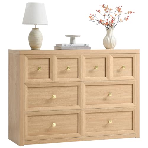 UZUXNUX 6 Drawers Dresser for Bedroom-46.5" Wide Wooden Chest of Drawers with Large Storage, Farmhouse Closet Dressers with Drawers, Long Dresser TV Stand for Living Room Bedroom, Natural Oak
