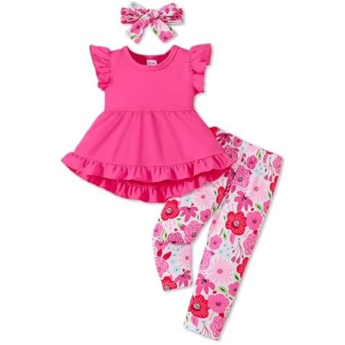 Toddler Baby Girl Clothes Infant Girl Outfits Fall Ruffle Floral T-Shirt Top Pants Set Winter Spring Clothes