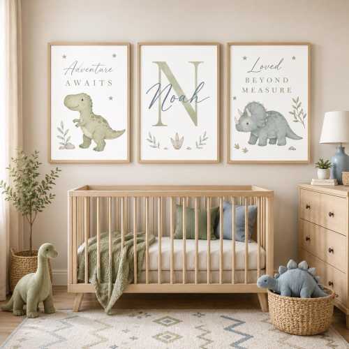 Custom Name Dinosaur Nursery Prints, Personalized 3-Set Poster, Minimalist Baby Boy Wall Art Decor