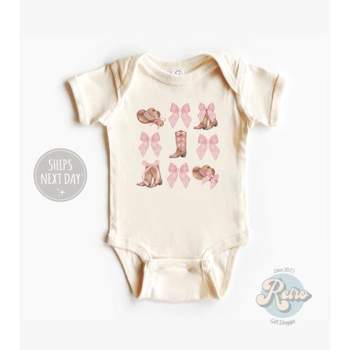 Cowgirl Onesie® Coquette Bow Country Cowgirl Natural Baby Bodysuit Girls Retro Coquette Bow Cowboy Boots Baby Gift Country Cowboy