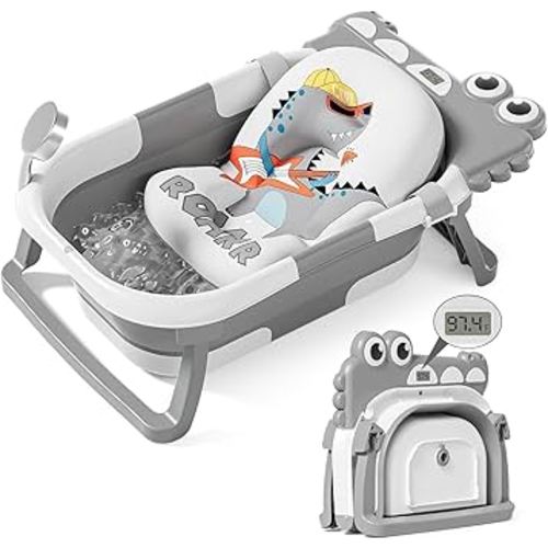 TPN Collapsible Baby Bathtub, Baby Bath Tub with Soft Cushion & Real-Time Thermometer, Baby Bathtub Infant to Toddler Tub (0-36 Months), Portable Travel Baby Tubs for Newborns (Grey)