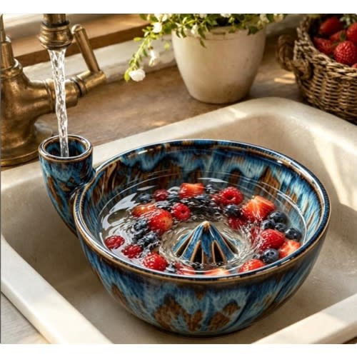 Handmade Ceramic Berry Washing Bowl, Glazed Fruit Drain Colander with Strainer, Multi-use Stoneware Bowl, Unique Housewarming Kitchen Gift