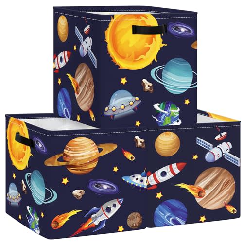 Clastyle 3 pcs Cosmic Space Cube Storage Unit Boxes Stars Kallax Box for Shelves Parents Storage Baskets for Book Clothes Toy Organizer, Solar System, 11.8x11.8x11.8 in