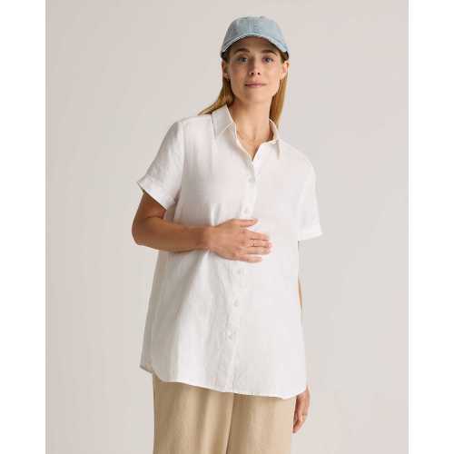 100% European Linen Maternity Camp Shirt in White