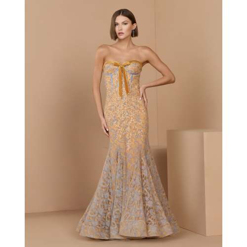 Orange Embroidered Lace Strapless Mermaid Gown