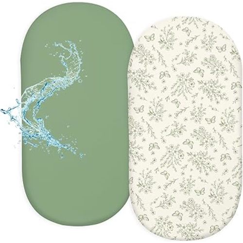 FIOBEE Baby Bassinet Sheets for Girls Boys 2 Pack Waterproof Bassinet Mattress Elastic Fitted Crib Sheets Universal Fit for Hourglass Oval and Rectangle Bassinet Sheet 33" x 17", Green