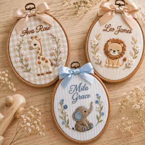 Embroidered  Custom Animal Baby Name Sign, Personalized  Safari Nursery Hoop, Giraffe Lion Elephant Wall Art, Baby Shower Gift