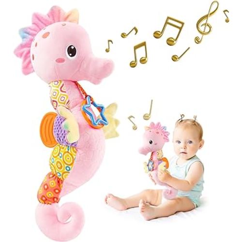 Sumobaby Infant Baby Musical Stuffed Animal Activity Soft Toys with Multi-Sensory Crinkle, Rattle and Textures, for Tummy Time Newborn 0-3-6-12 Months Girls,Seahorses, Pink