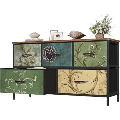 OLIXIS Dresser for Bedroom with 5 Drawers, Wide Chest of Drawers, Fabric Bedroom Dresser with Drawer Organizer, Storage Organizer Unit with Fabric Bins for Closet, Living Room, Hallway, Flower