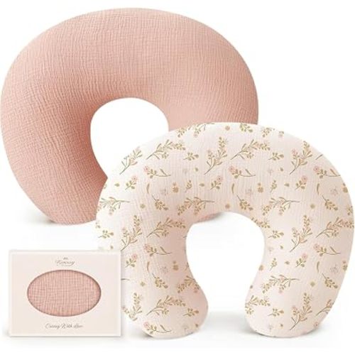 Konssy 2-Pack Muslin Nursing Pillow Covers, Floral Soft Slipcover for Baby