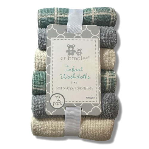 WASHCLOTHS BOYS - CRIBMATES 243 - GREEN PLAID - 12 PACK SOFT BABY BATH