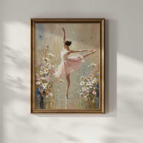 Ballerina Wildflower Print Wall Art Vintage Oil Painting Aesthetic Ballet Dancer Wall Decor Dancing Girls Room Gift Idea Matte Poster