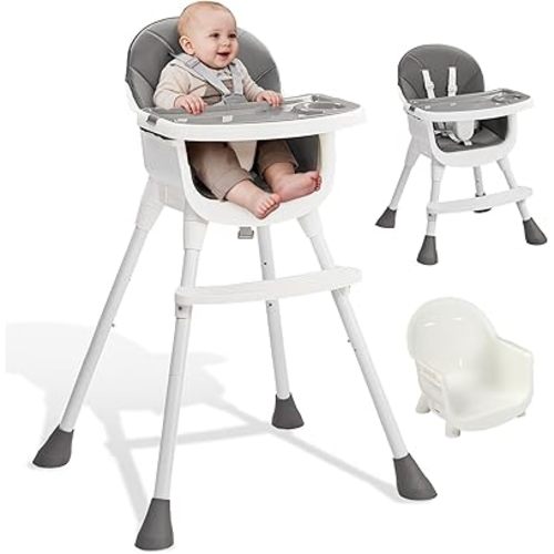 Ktaxon 3-in-1 Baby High Chair, Portable Adjustable Height Highchair with Removable Dual-Layer Tray, 5-Point Safety Harness and Footrest for Toddlers & Babies, Grey