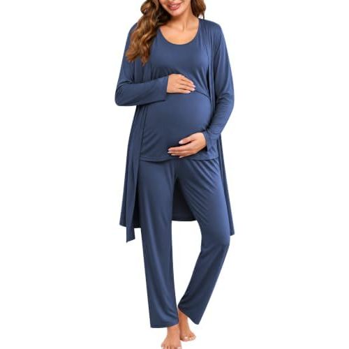 SWOMOG Maternity Nursing Robe Set 3 PCS Women Postpartum Pajamas Breastfeeding Labor Delivery Hospital Pregnancy Pjs