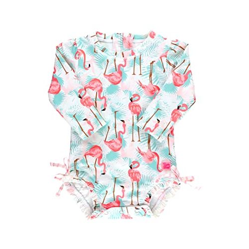 RuffleButts Baby Girls Novelty Baby One Piece - Rash Guard Swimsuit UPF 50+ | Premium Quality, 4-way Stretch, Snap + Zipper Closure, Long Sleeves, Hand Wash, UPF 50+ Sun Protection