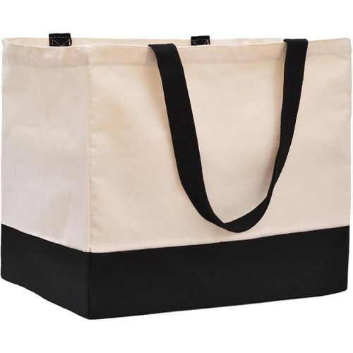 Heavy Duty Canvas Reusable Grocery Bags - 8.3 Gal Foldable Large Tote with Handles, Holds 60 lbs & Washable Eco-friendly Bags with 5 Pockets, Off White Black