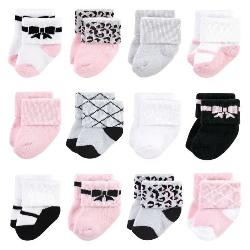Hudson Baby Infant Girls Cotton Rich Newborn and Terry Socks, Bows 12-Pack
