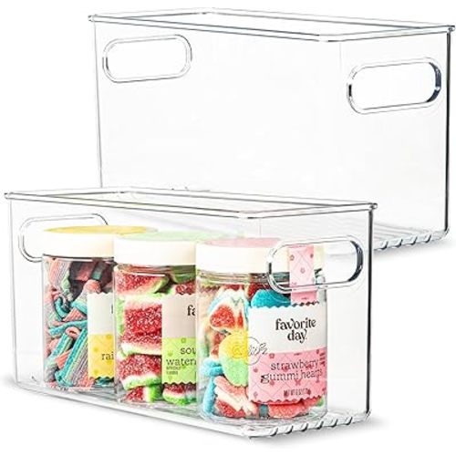 primebox 2 pack Clear Plastic Storage Container Bin with Integrated Easy Grip Handles. For Kitchen, Fridge, Freezer, Cabinet, Pantry, Bathroom Organization. 10"x4"x5"