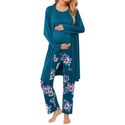 Ekouaer Maternity Nursing Robe Set 3 Pieces Sleeveless Top, Pregnancy Pants & Robe Double Layer Pajamas S-XXL