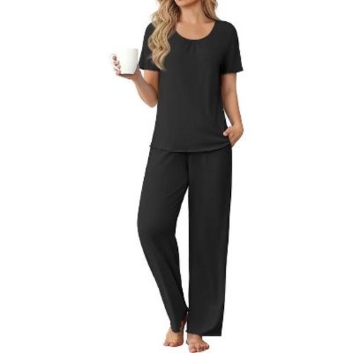 Ekouaer Womens Pajama Sets Viscose from bamboo Lounge Set Soft Pajamas for Women Set Short Sleeve and Long Pants Sleepwear Black L
