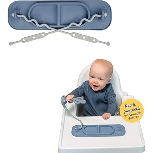 BUSY BABY Silicone Mini Mat - NEW and Improved Suction Cups, 2 Straps to Secure Baby Essentials, Self Feeding, Baby Led Weaning, Travel Wet Bag Included (Pewter Mini)