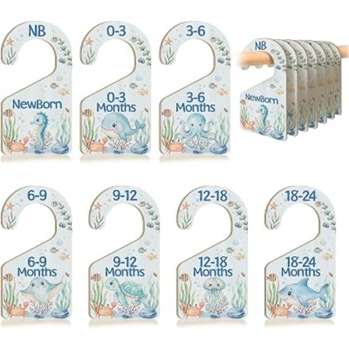 7 PCS Under The Sea Closet Dividers for Baby Clothes, Wooden Ocean Animal Nursery Wardrobe Organizer with Double-Sided Size Labels for Newborn to 24 Months, Coastal Baby Room Decor