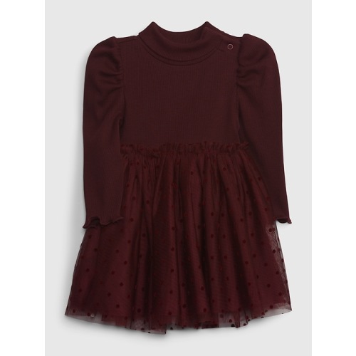 Baby Puff Sleeve Tulle Dress in deep garnet red, size: 6-12 M