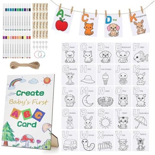 Fun Baby Shower Games for Guests - DIY Baby's First ABC Book Craft Kit, Includes 26 A-Z Alphabet Flash Coloring Cards, 24 Markers & Wooden Sign & Display Accessories for Baby Shower Activities Favors