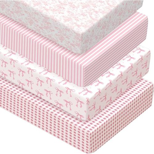 Peryiter 4 Pack Crib Sheets Girl Soft Baby Bed Sheet Set 52'' x 28" Nursery Crib Sheets for Standard Bed for Nursery Decor Baby Boys or Girls(Pink,Coquette Bow)