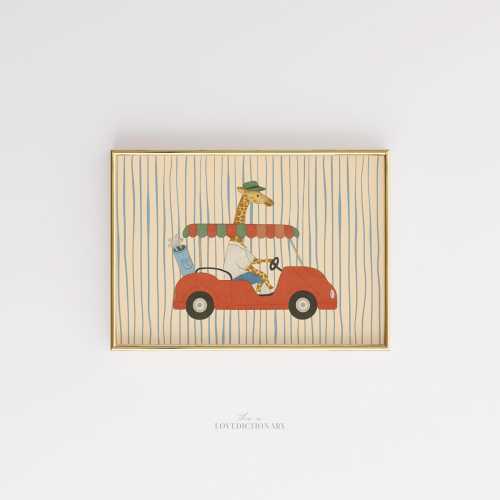 Giraffe Driving Car Nursery Print, Retro Animal Wall Art, Playful Kids Room Poster, Vintage Baby Decor, Whimsical Safari Illustration
