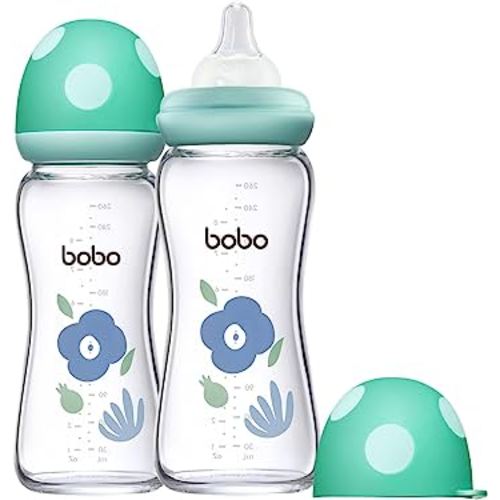 YOHKOH Natural Glass Baby Bottle with Level 2 Medium Flow Nipple, Newborn Anti-Colic Baby Bottles, Wide Neck Mushroom Baby Glass Bottle (Blue, (8.8oz (Pack of 2))