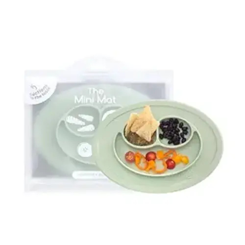 ezpz Mini Mat (Sage) - 6 -12 Months+ - 100% Silicone Suction Placemat + Divided Plate with Three Compartments - Supports Baby-Led Weaning - Designed for Highchair, Table, and Travel