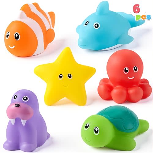 JOYIN 6 Pcs Sea Animal Bath Toys, Sealed & No-Hole & Mold Free Bathtub Toys for Kids, Non-Toxic & Soft Water Vehicles Toys, Squeezable & Float on Water, Bath & Pool Play for Boys and Girls