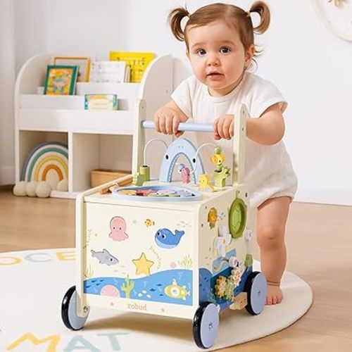 ROBUD Wooden Baby Push Walker, Marine Theme Learning Walking Toys, Adjustable Height Baby Walker with Decelerator, Montessori Toys for Baby Age 10 Months+, WRP23